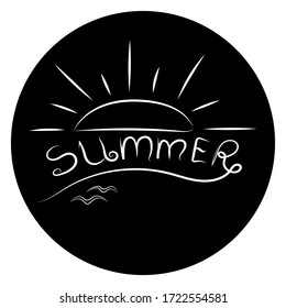 Summer, sun and seagulls drawn in white on a black background for sticker, logo, emblem