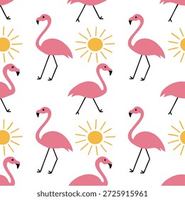 Patrón de azulejos sin fisuras de sol de verano con flamencos y rayos de sol para un concepto de ambiente de verano divertido y juguetón como flamencos y rayos de sol dispuestos en un patrón sin fisuras juguetón para crear una atmósfera de verano divertida y animada en Foto de archivo Concepto y espacio vacío en el lado izquierdo, sin texto --ar 7:2 --tile