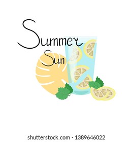 Summer sun. Set. Pineapple. Monstera. Stock vector illustration.