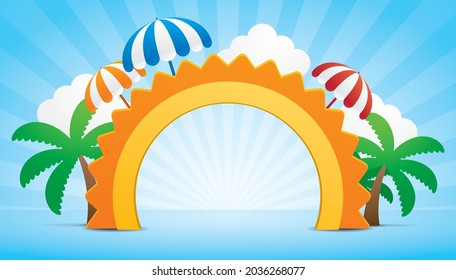 summer sun shape archway display 3d illustration vector with coconut tree and umbrella element on bright blue background.