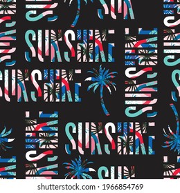 Summer "SUN SHINE" Typography  fill in with colourful summer tropical pattern with palm trees seamless pattern vector EPS10 ,Design for fashion , fabric, textile, wallpaper, cover, web , wrapping