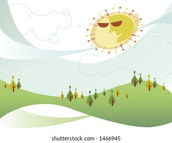 The summer sun shines on a lush valley landscape.
