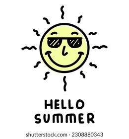 Summer Sun Smile Monoline Cartoon with Glasses Illutration Icon Logo. Hello Summer Lettering.eps