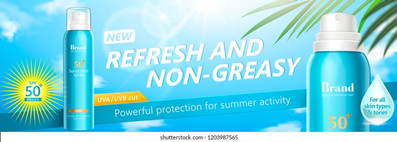 Summer sun spray banner ads in 3d illustration on blue sky background