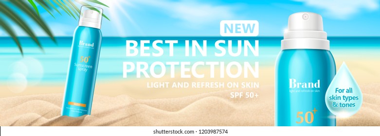 Summer sun spray banner ads in 3d illustration on resort beach background