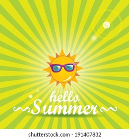 summer sun with sunglasses on green abstract rays background . vector summer illustration. summer holiday.