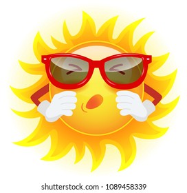 Summer sun in sunglasses sneezing. Allergy, climate, illness, cold. Changing weather concept. Can be used for greeting cards, posters, leaflets and brochure