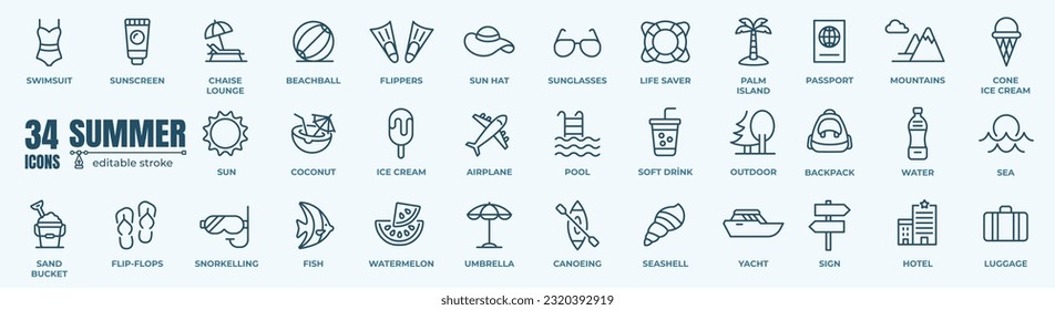 Summer, sun, travel,beach elements - minimal thin line web icon set. Outline icons collection. Simple vector illustration.