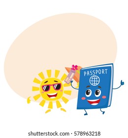Summer sun and traveler passport characters, holiday, vacation concept, cartoon vector illustration with place for text. Smiling sun and happy passport funny characters, mascots