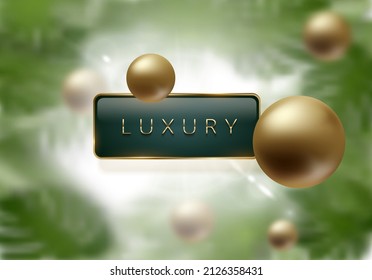 Summer sun tropical header with blured green exotic palm leaves and plant. Vector spring floral background. Abstract golden sphere design. Gold flying balls. Green label tag golden frame