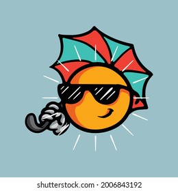 Sommersonne mit Regenschirm-Vektorcharakter. Sonnenwetterkonzeption