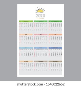 Summer Sun vector wall Calendar 2020