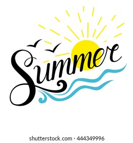 Summer with sun and waves. Summer lettering