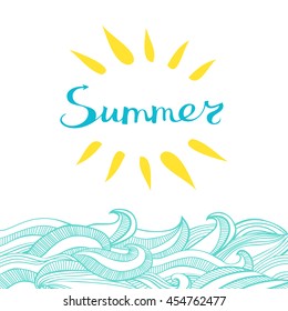 Summer Sun and waves. Retro card with freehand lettering and doodle style elements. Vector illustration.