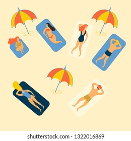 Summer sunbathing girls and boys under beach umbrella. Vector illustration of man and woman with parasol on the sand. 