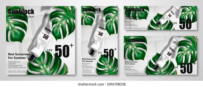 Summer sunblock banner ads with tropical leaves on white tiles in 3d illustration