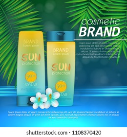 Summer sunblock cosmetic design template on abstract blue background with exotic palm leaves. Realistic sun protection and sunscreen product ads