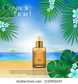 Summer sunblock cosmetic design template on beach background with exotic palm leaves. 3D realistic sun protection and sunscreen product ads