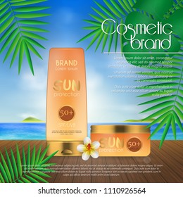 Summer sunblock cosmetic design template on beach background with exotic palm leaves. 3D realistic sun protection and sunscreen product ads