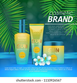 Summer sunblock cosmetic design template on abstract blue background with exotic palm leaves. Realistic sun protection and sunscreen product ads