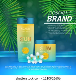 Summer sunblock cosmetic design template on abstract blue background with exotic palm leaves. Realistic sun protection and sunscreen product ads