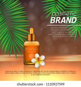 Summer sunblock cosmetic design template on abstract orange background with exotic palm leaves. Realistic sun protection and sunscreen product ads