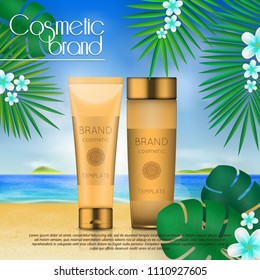 Summer sunblock cosmetic design template on beach background with exotic palm leaves. 3D realistic sun protection and sunscreen product ads