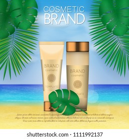 Summer sunblock cosmetic design template on beach background with exotic palm leaves. 3D realistic sun protection and sunscreen product ads