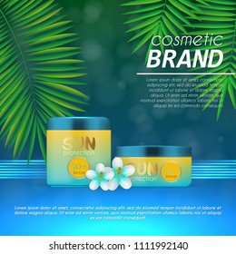 Summer sunblock cosmetic design template on abstract blue background with exotic palm leaves. Realistic sun protection and sunscreen product ads