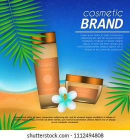 Summer sunblock cosmetic design template on beach background with exotic palm leaves. Realistic sun protection and sunscreen product ads