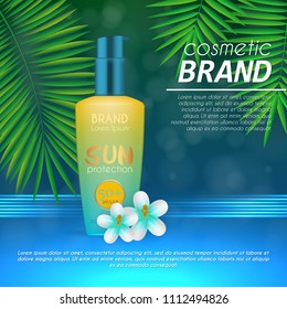 Summer sunblock cosmetic design template on abstract blue background with exotic palm leaves. Realistic sun protection and sunscreen product ads