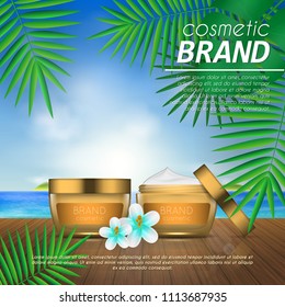 Summer sunblock cosmetic design template on beach background with exotic palm leaves. 3D realistic sun protection and sunscreen product ads