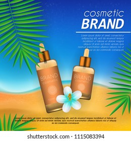 Summer sunblock cosmetic design template on beach background with exotic palm leaves. Realistic sun protection and sunscreen product ads