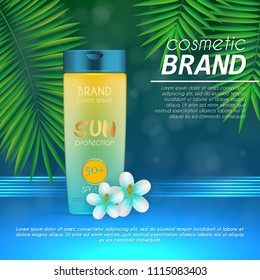 Summer sunblock cosmetic design template on abstract blue background with exotic palm leaves. Realistic sun protection and sunscreen product ads