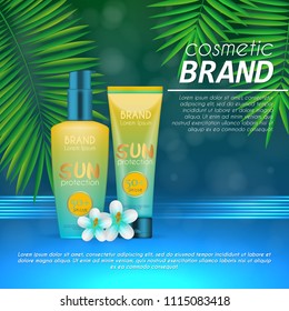 Summer sunblock cosmetic design template on abstract blue background with exotic palm leaves. Realistic sun protection and sunscreen product ads