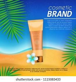 Summer sunblock cosmetic design template on beach background with exotic palm leaves. Realistic sun protection and sunscreen product ads