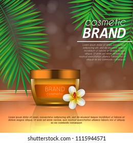 Summer sunblock cosmetic design template on abstract orange background with exotic palm leaves. Realistic sun protection and sunscreen product ads