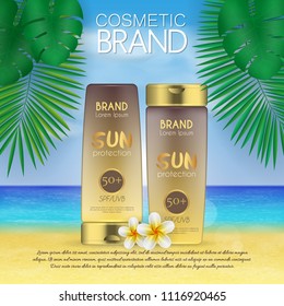 Summer sunblock cosmetic design template on beach background with exotic palm leaves. 3D realistic sun protection and sunscreen product ads
