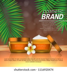Summer sunblock cosmetic design template on abstract orange background with exotic palm leaves. Realistic sun protection and sunscreen product ads