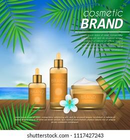 Summer sunblock cosmetic design template on beach background with exotic palm leaves. 3D realistic sun protection and sunscreen product ads