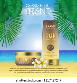 Summer sunblock cosmetic design template on beach background with exotic palm leaves. 3D realistic sun protection and sunscreen product ads