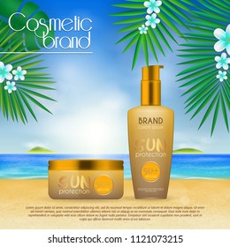 Summer sunblock cosmetic design template on beach background with exotic palm leaves. 3D realistic sun protection and sunscreen product ads
