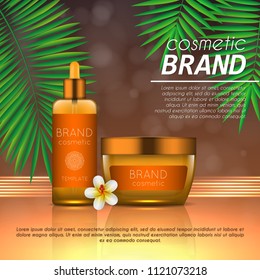 Summer sunblock cosmetic design template on abstract orange background with exotic palm leaves. Realistic sun protection and sunscreen product ads