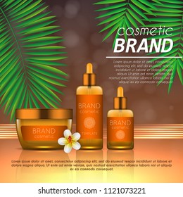 Summer sunblock cosmetic design template on abstract orange background with exotic palm leaves. Realistic sun protection and sunscreen product ads
