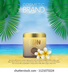 Summer sunblock cosmetic design template on beach background with exotic palm leaves. 3D realistic sun protection and sunscreen product ads