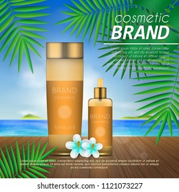 Summer sunblock cosmetic design template on beach background with exotic palm leaves. 3D realistic sun protection and sunscreen product ads
