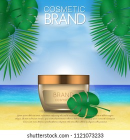 Summer sunblock cosmetic design template on beach background with exotic palm leaves. 3D realistic sun protection and sunscreen product ads