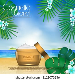 Summer sunblock cosmetic design template on beach background with exotic palm leaves. 3D realistic sun protection and sunscreen product ads