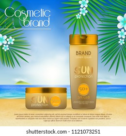 Summer sunblock cosmetic design template on beach background with exotic palm leaves. 3D realistic sun protection and sunscreen product ads