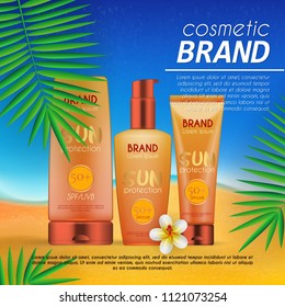 Summer sunblock cosmetic design template on beach background with exotic palm leaves. Realistic sun protection and sunscreen product ads